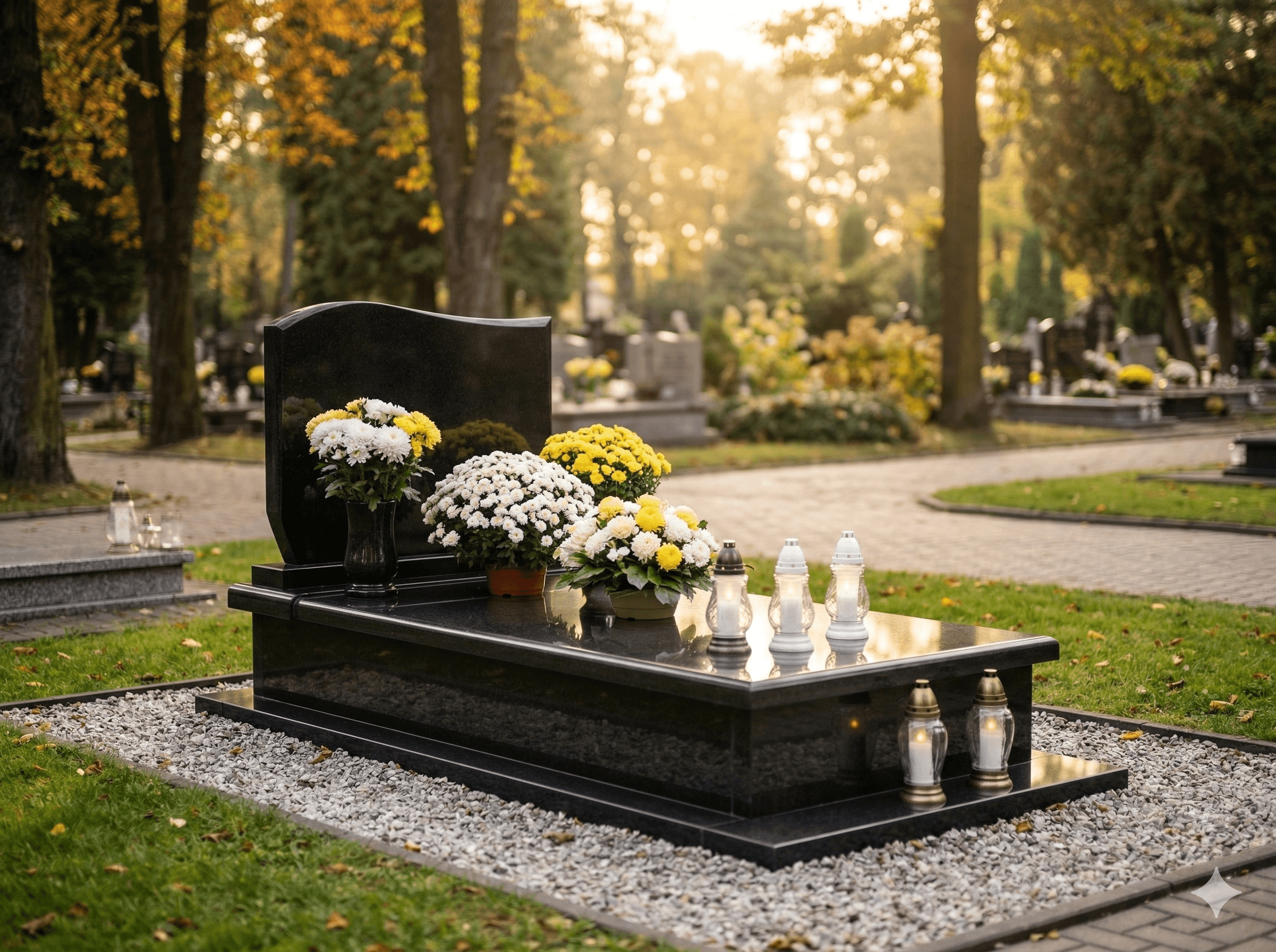 Zadbany, czysty nagrobek otoczony świeżymi kwiatami i zniczami — profesjonalna opieka WysprzatamyGroby.pl